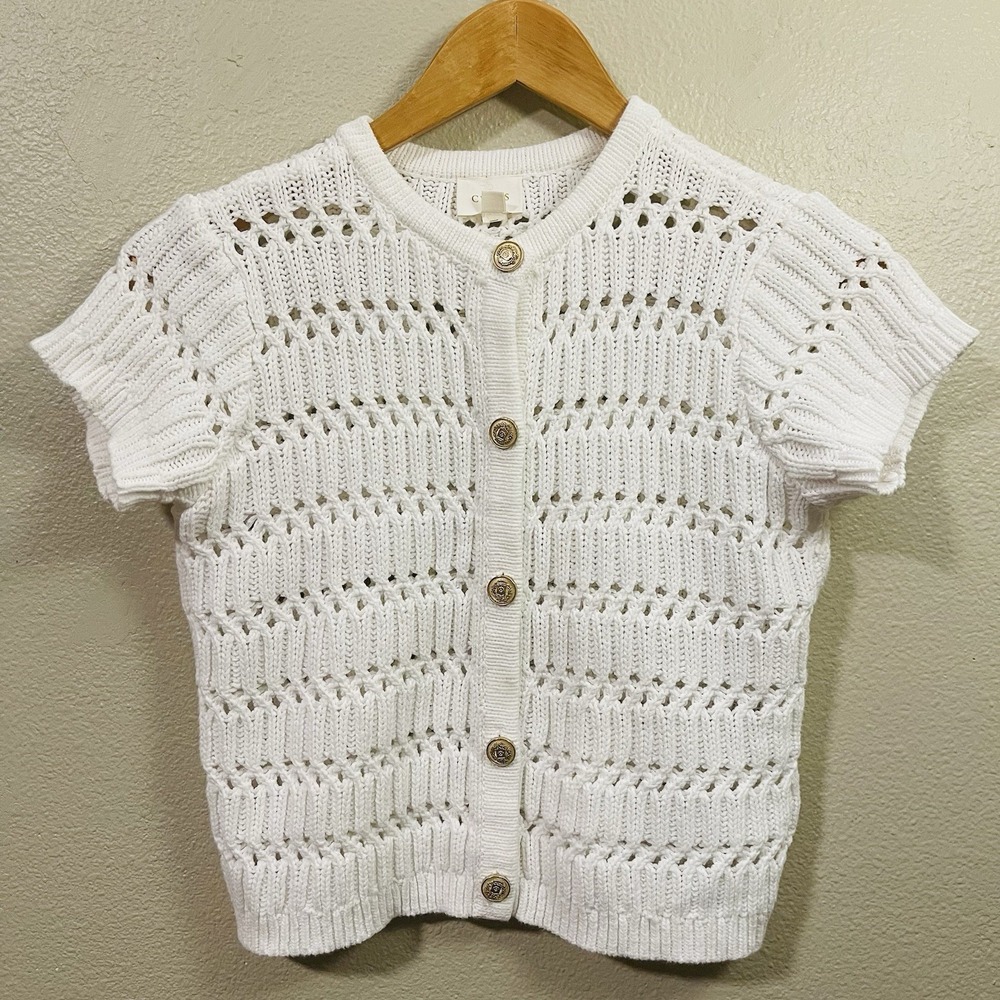 Cyrus Open Knit Cardigan Cropped White Gold Buttons Preppy Oversized‎ Size XS